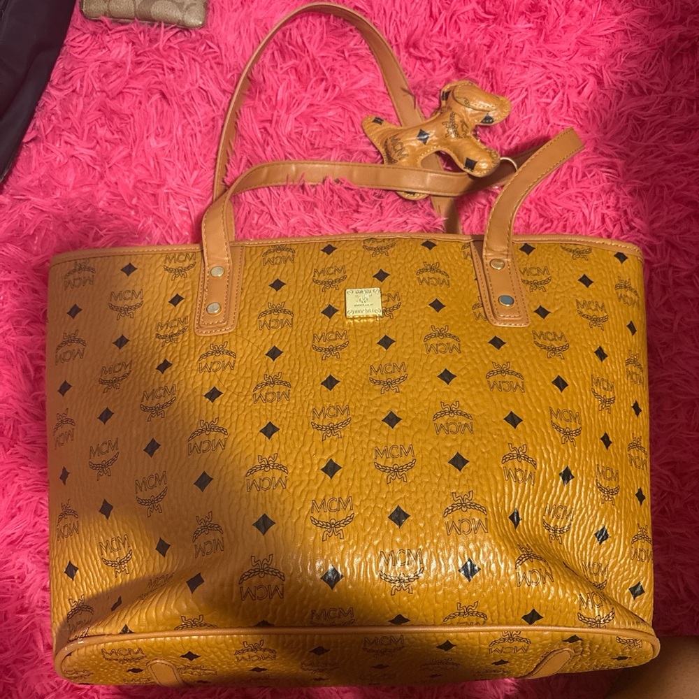 MCM Tan Monogram Tote Bag with Leather Handles with Matching Wallet
